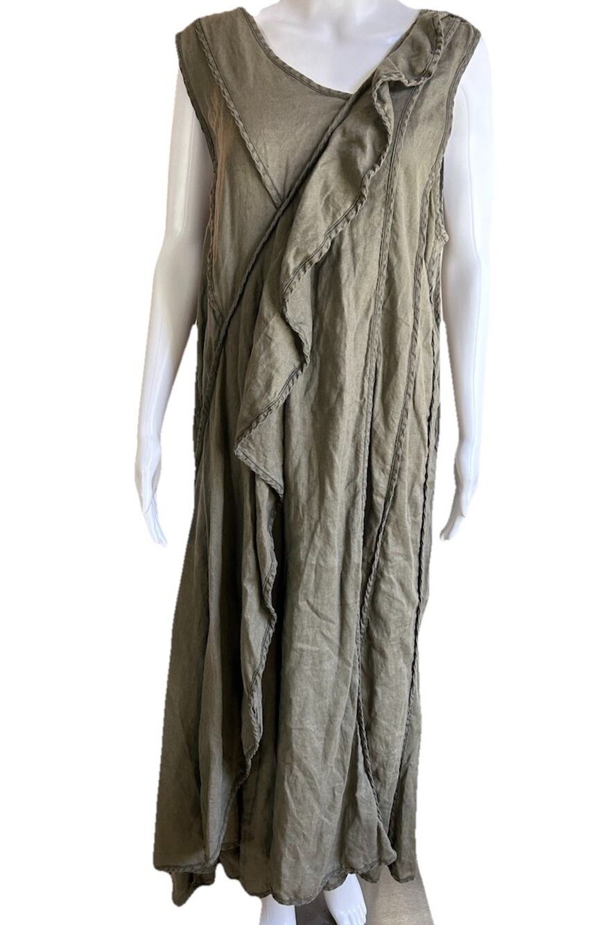 Cynthia Ashby 100% Linen Maxi Dress M Olive Green Lagenlook Asymmetrical USA
